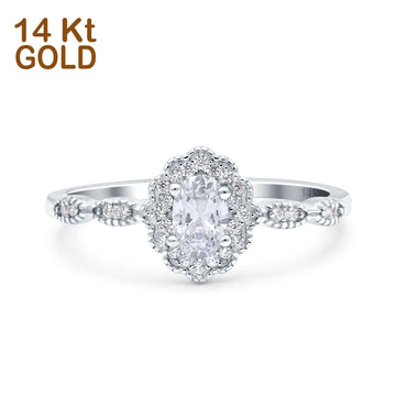 14K White Gold Halo Vintage Floral Art Deco Oval Bridal Simulated CZ Wedding Engagement Ring